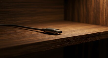 A charging USB type-C cable connector resting on wooden shelf