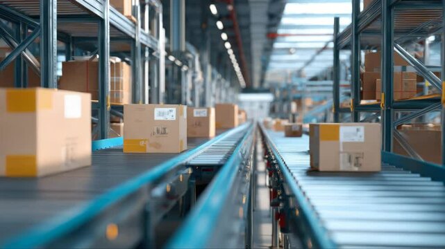Cardboard boxes on conveyor rollers ready to be shipped by courier for distribution.