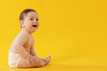 Cute little baby in diaper sitting on yellow background. Space for text