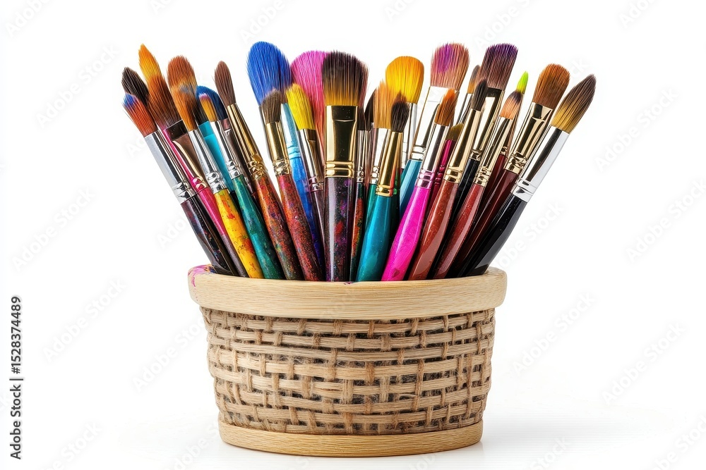 Aufkleber row of used paint brushes with various colors and sizes on white background create vibrant and artis