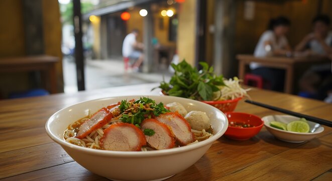 Cao lau Hoi An noodles with pork and greens on a restaurant table