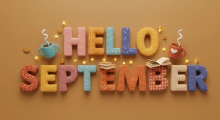 Welcoming september with cozy autumn design featuring knitted letters, mugs, and books