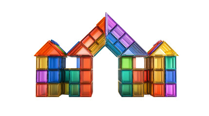 Colorful magnetic building blocks create a vibrant castle-like structure, showcasing the diverse shapes and colors.