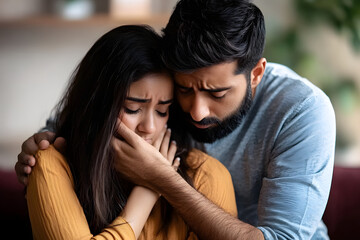 Loving husband indian man comforting consoling upset crying wife woman, giving psychological support care compassion, helping sharing grief or problem, miscarriage, empathy in couple relationships