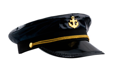 Black captain's hat with gold anchor isolated on a white background