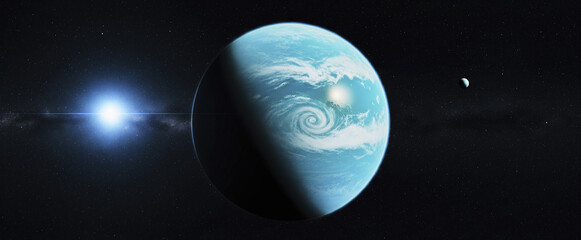 Blue exoplanet with rings and moon in deep space