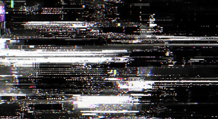 Abstract digital glitch pattern in black and white with distorted lines