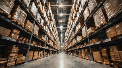 Ultra quality image of large warehouse storage facility with rows of shelves stacked high with brown cardboard boxes, ready for shipment and distribution, showing the logistics.