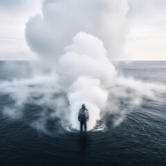 Solitary figure standing in misty sea with dramatic cloud formation