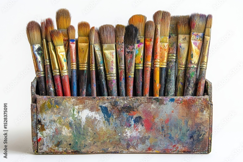 Poster Row of used paint brushes with various colors and sizes on white background create vibrant and artistic effect