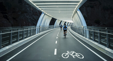 Cyclists riding through modern led-lit tunnel bridge in scenic landscape