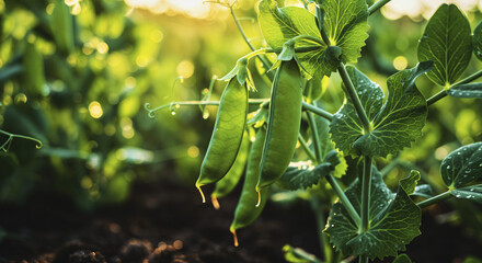 Naklejka premium Sunlit green pea plant in lush garden with morning dew