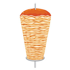 Doner kebab. Shawarma consisting of meat cut into thin slices, stacked in a cone-like shape, and roasted on a slowly-turning vertical rotisserie or spit. on white background. Vector illustration.
