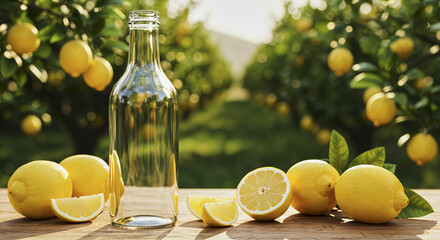 Lemon orchard with glass bottle displaying fresh citrus on sunny day