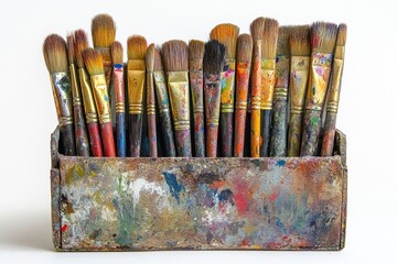 Row of used paint brushes with various colors and sizes on white background create vibrant and artistic effect