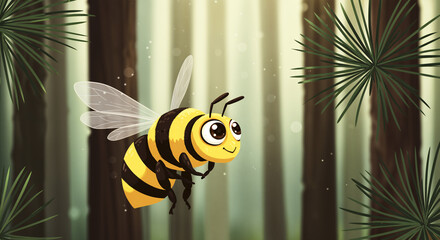 Cute cartoon bee in enchanted forest with sunlight and pine trees