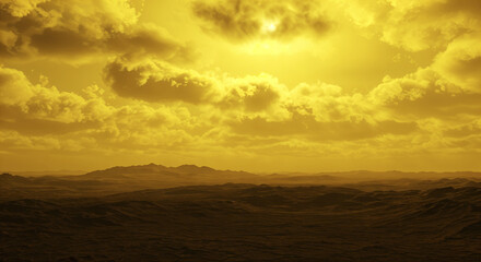 Dramatic golden desert landscape under vibrant yellow sky with clouds