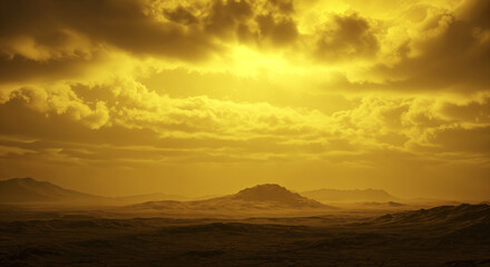 Dramatic yellow sky over desert landscape at sunrise with majestic clouds