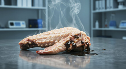 Steaming chicken wing with soy sauce in modern laboratory kitchen setting