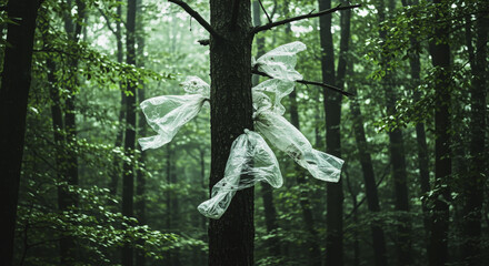 Plastic pollution: plastic bags tangled on tree branches in lush forest