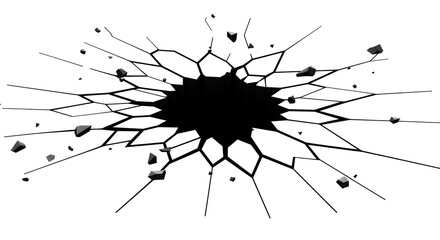 Dynamic shattered surface with cracked hole and floating debris on white background