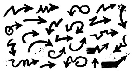 Diverse hand-drawn brush arrow collection on white background