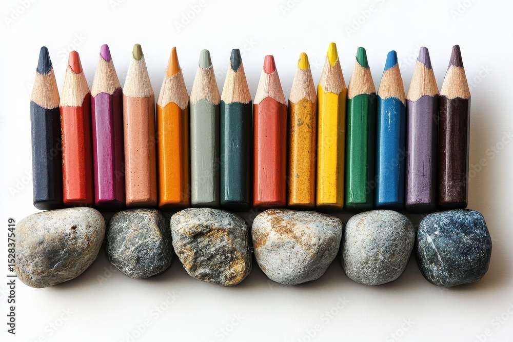 Poster row of colorful art pencils balancing on smooth grey rocks on a white surface creating a nature insp