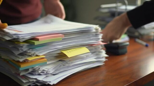 A large stack of papers with sticky notes on a wooden desk in an office setting