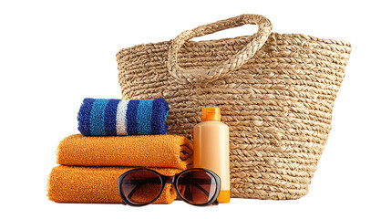 A sunny day essentials, evoking a sense of relaxation and adventure. A straw tote bag sits beside folded orange and blue towels, sunglasses, and a bottle of sunscreen.