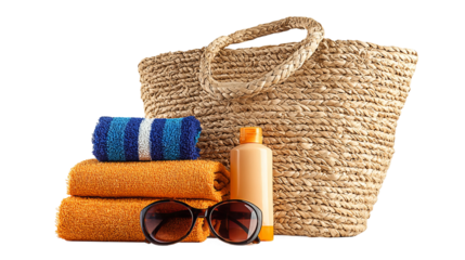 A sunny day essentials, evoking a sense of relaxation and adventure. A straw tote bag sits beside folded orange and blue towels, sunglasses, and a bottle of sunscreen.