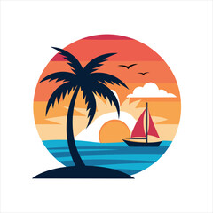 Vector Art of Ocean Horizon with Palm Tree