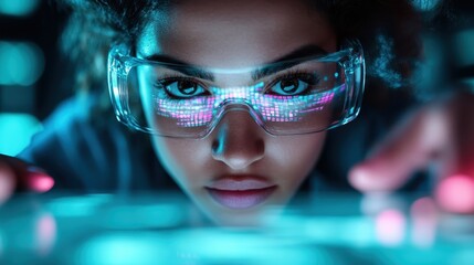 A woman wearing innovative glasses interacts with high-tech interfaces, showcasing the merging of humanity and technology in a visually striking, futuristic setting.