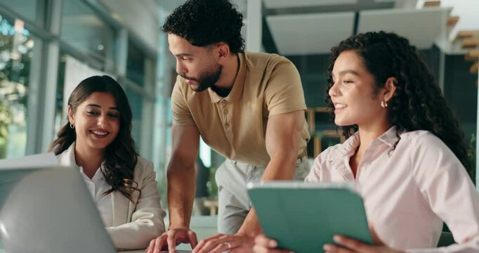 Teamwork, online and research with business people in office for planning, article review and project. Media collaboration, meeting and help with group of employees with tablet, laptop and discussion - Powered by Adobe