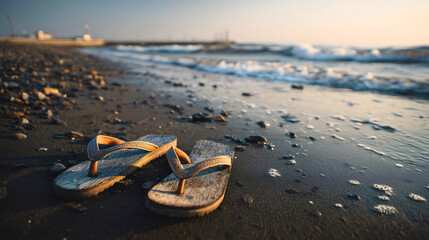 A close-up of casual flip-flops resting at the water's edge captures the essence of summer relaxation on a tranquil beach, with gentle waves and a blue sky in the background.