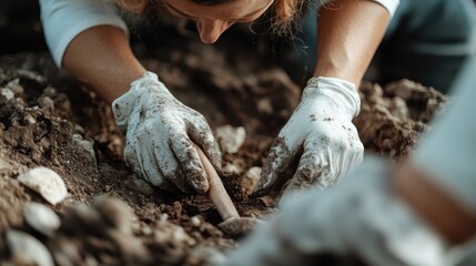 An archaeologist, focused and diligent, unearths artifacts with precision in the dirt, symbolizing the quest for knowledge and the journey through time in historical exploration.