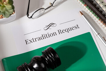 A formal international law display highlighting the process of legal extradition, with gavel and...
