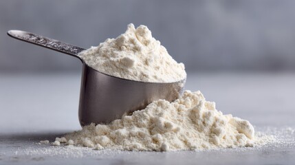 Ultra quality image of close-up shot of a metal measuring cup overflowing with white protein powder, showing texture and detail, against a clean background with soft lighting.