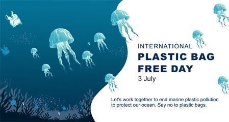 International plastic bag free day, Say no to plastic, Save nature, Save the ocean, world ocean day, Sea Jellyfish like a plastic bag, vector illustration.
