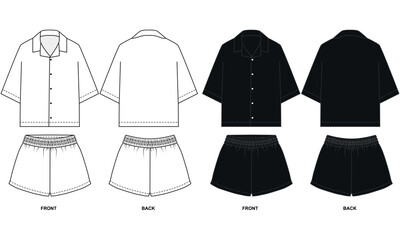 Vector drawing of pajama shirt and shorts in black and white color. Sketch of shorts with elastic band and shirt with short sleeves. Template of shorts and shirt with lapel collar front and back view.