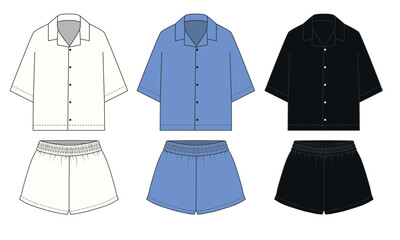Vector collection of pajama shirt and shorts designs, white, blue, black colors. Sketch of summer shorts with elastic band and short sleeved shirt. Blank template of suit shorts and shirt with pocket.