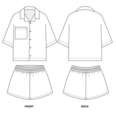 Vector drawing of pajama shirt and shorts, front and back view. Sketch of summer shorts with elastic band and short-sleeved shirt. Blank template of suit shorts and shirt with pocket.