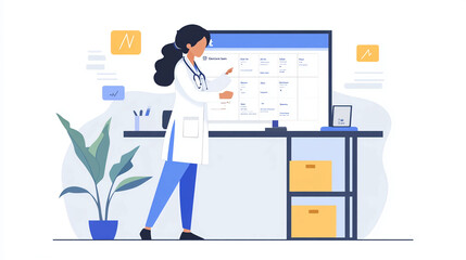 Doctor reviewing patient medical records on computer in office for healthcare management system use