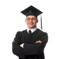 Happy student with crossed arms after graduation on white background
