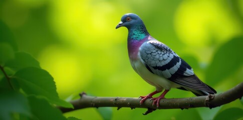 Pigeon perched on leafy branch, sunlight dappled plumage, pigeon, wing, photo