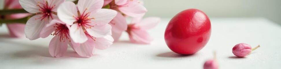 Red painted egg on white table, delicate spring blooms nearby, red egg, floral, pastel