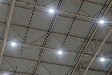 Indoor space with corrugated metal ceiling, skylights, natural light, soft shadows, expansive, grandeur, realistic colors, neutral tone, industrial or public building interior