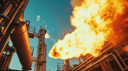 Powerful flames and smoke erupt from an industrial plant's chimney, creating a dramatic display against a blue sky, highlighting the industrial processes and potential environmental impact