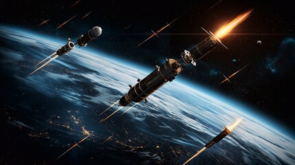 Rockets are launching from earth's orbit, showcasing the power of space exploration, technological advancement, and scientific innovation in conquering new frontiers