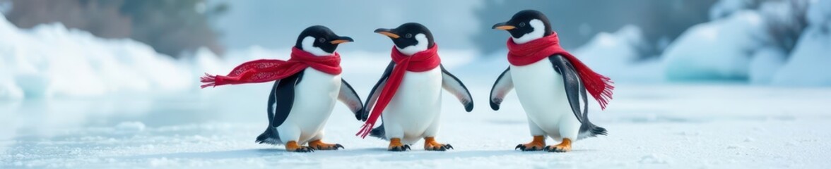 Three penguins wearing scarves, ice skating on white , bird, skating