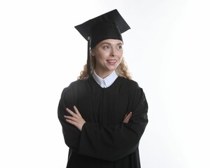 Happy student after graduation on white background